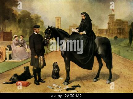 'Queen Victoria at Osborne', 1865-1867, (1943). Portrait of Queen Victoria (1819-1901) in mourning, seated on her pony, Flora, held by her servant and favourite John Brown (1826-1883). Behind is the royal residence of Osborne. The clock stands at 3 pm. On the ground lie her gloves and letters   https://www.rct.uk/collection/403580/queen-victoria-at-osborne   dogs, a Border collie (probably Sharp) and a Skye terrier called Prince. The box which had contained the letters is also on the ground. Princess Louise and Princess Helena are sitting in the background with a terrier. Painting in the Royal Stock Photo