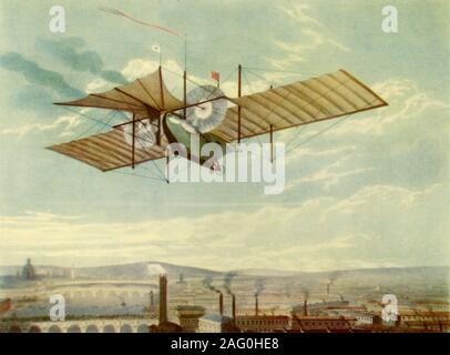 'Imaginary Flight of Henson's &quot;Ariel&quot;', 1843, (1944). William Henson and John Stringfellow's 1843 design for steam-powered flying machine. The 'Ariel', patented in 1842, was incapable of flight since it had insufficient power from its heavy steam engine to get airborne. From &quot;Britain In The Air&quot;, by Nigel Tangye. [Collins, London, 1944] Stock Photo