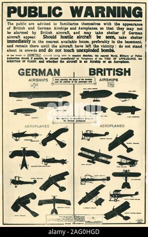 Poster showing types of British and German aircraft, First World War, 1915, (1944). Chart produced by the British goverment showing outlines of aircraft for identification: 'Public Warning: The public are advised to familiarise themselves with the appearance of British and German airships and aeroplanes, so that they may not be alarmed by British aircraft, and may take shelter if German aircraft appear. Should hostile aircraft be seen, take shelter immediately in the nearest available house, preferably in the basement, and remain there until the aircraft have left the vicinity: do not stand ab
