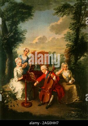 Prince Frederick Louis, Prince of Wales, playing the 'cello at Kew Palace, c1733-1750, (1942). Portrait of Frederick Louis (1707-1751) accompanied by his sisters Anne (1709-1759), Caroline (1713-1757) and Amelia (1711-1786), at Kew (west London). Painting in the National Trust Collection at Cliveden, Buckinghamshire. From &quot;English Music', by W. J. Turner. [Collins, London, 1942] Stock Photo