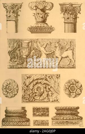 Roman architectural ornament and sculpture, (1898). 'Fig 1: Corinthian capital from the Pantheon at Rome. Fig 2: Head of a candelabrum from the Vatican Museum. Fig 3: Composite capital from a temple of Juno at Rome. Fig 4: Fragment of a frieze, found in the Villa of Hadrian at Tivoli, now in the Lateran Museum at Rome. Figs 5 and 7: Rosettes from the Vatican Museum. Fig 6: Fragment of a frieze from Rome. Figs 8 and 11: Bases of columns from the later Roman period. Figs 9 and 10: Members of cornices from the ruins of the Imperial palaces on the Palatine...In Roman ornament the different forms o Stock Photo