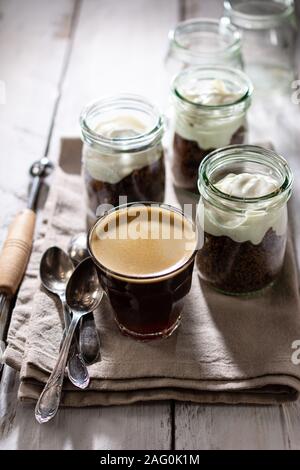 Breakfast of champions.Chocolate natural yogurt and delicious coffee.Healthy food and drink Stock Photo