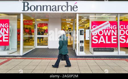 Closing down sale notice in the window of the Bonmarche shop in the town shopping centre at Corby, Northamptonshire, England, December 2019. Stock Photo
