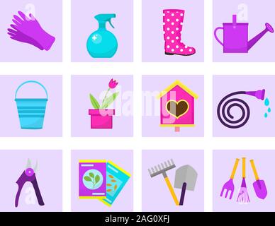 Gardening icon set, flat style. Garden and orchard collection tools and decoration, isolated on white background. Vector illustration Stock Vector