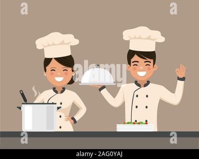 Chef team. Happy professional cooks cooking in the kitchen. Flat vector illustration Stock Vector