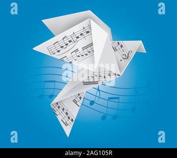 Origami dove with musical notes. Stylized illustration of paper pigeon on wave with musical notes on blue background. Vector available. Stock Vector