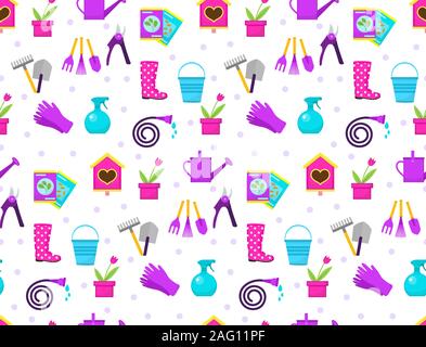 Gardening seamless pattern with garden tools. Spring endless backdrop. Horticulture texture, wallpaper. Cute summer background. Vector illustration Stock Vector