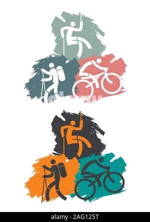 Outdoor sports icons. Hiker, cyclist ans climber symbols on colorful grunge background.Two color versions. Vector available. Stock Vector