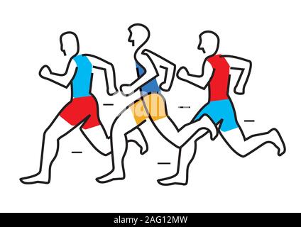 Running race, marathon, line art stylized.  Colorful line art decorative stylized illustration of three running racers. Vector available. Stock Vector