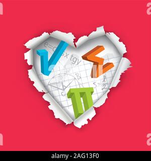 Ilove math, Mathematics education concept. Illustration of a hole in paper in the shape of heart with mathematics symbols and notes.Vector available Stock Vector