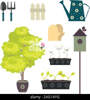 Garden and gardening tools set in cartoon flat style. Stock Vector