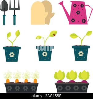 Garden and gardening tools set in cartoon flat style. Stock Vector