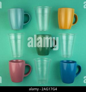 Ecology concept stop plastic pollution. Plastic waste. Pattern from ceramic mugs and plastic cups. Stock Photo