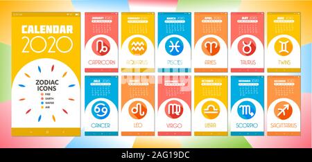 calendar 2020 in the form of a mobile interface. Set of vector of astrological zodiac signs in flat style. Stock Vector
