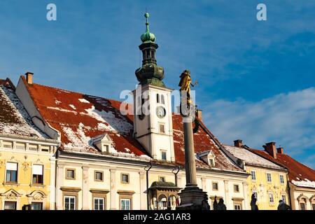 Slovenian city of Maribor Town Hall and Plague Column on the central square of the city. Lower Styria region, in Slovenia Stock Photo