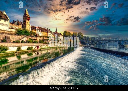 Old town of Bremgarten on river Reuss in switzerland, summer Stock Photo