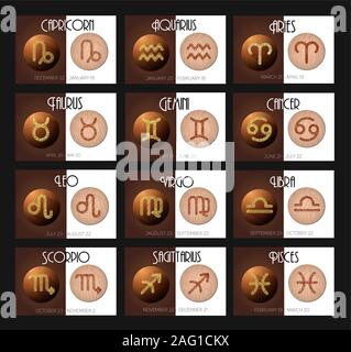 Set of vector of astrological zodiac signs in 3d style. Classic dark and white colors. Stock Vector