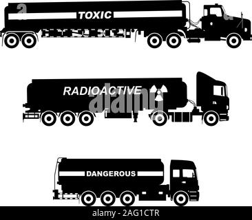 Set of different silhouettes cistern trucks carrying chemical, radioactive, toxic, hazardous substances isolated on white background. Vector Stock Vector