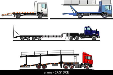 Set of different auto transporters isolated on white background in flat style. Vector illustration. Stock Vector