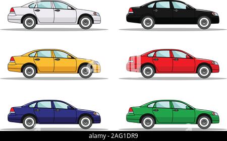 Set of six colored cars isolated on white background in flat style Stock Vector
