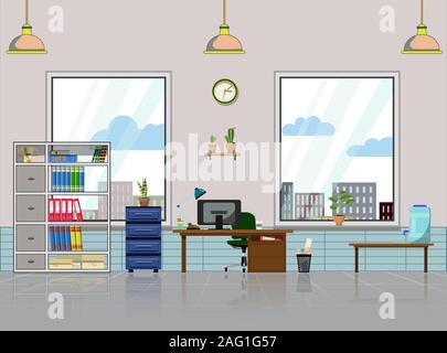 Office workplace with table, bookcase, windows with house plant. Modern computer, table shelves, lamp, water container and all office table staff for Stock Vector