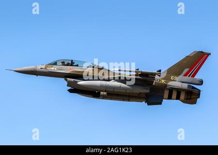 KLEINE-BROGEL, BELGIUM - SEP 14, 2019: Norwegian Air Force F-16 in the colors of a WW2 Spitfire in flight. Stock Photo