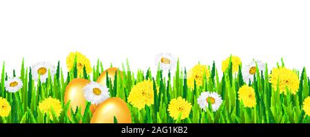 Seamless grass border with flowers chamomile and dandelion and with three realistic golden eggs for happy easter. Vector illustration. Stock Vector