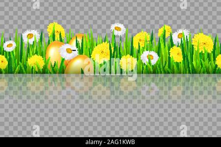 Seamless grass border with flowers chamomile and dandelion and with three realistic golden eggs for happy easter. Vector illustration. Stock Vector