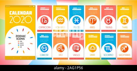calendar 2020 in the form of a mobile interface. Set of vector of astrological zodiac signs in flat style. Stock Vector