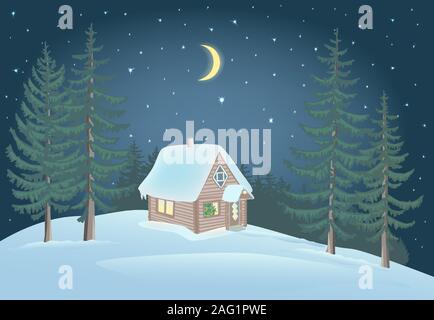 Small house in the forest and snowdrift. Stock Vector