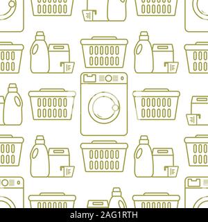 Vector seamless pattern Washing machine, laundry basket, washing powder, liquid. Washing clothes concept. Domestic household chores, laundromat tasks Stock Vector