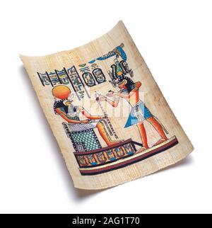 Egyptian Papyrus Painting Isolated on White Background. Stock Photo