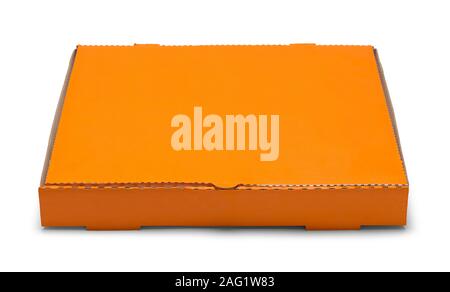 Orange Pizza Box Front View Isolated on White Background. Stock Photo