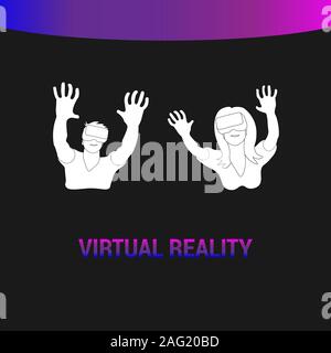 Virtual reality: woman and man using VR headset. Black outline on white background. Picture can be used in greeting cards, posters, flyers, banners, logo, further design etc. Vector illustration. EPS10 Stock Vector