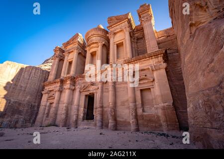 Ad Deir (The Monastery) - a monumental building carved out of rock in the ancient Jordanian city of Petra Stock Photo