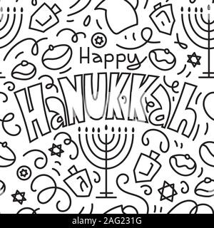 Happy Hanukkah Seamless Pattern Background. Holiday symbols: menorah (candlestick), candles, donuts, dreidel. Happy Hanukkah. Vector illustration hand drawn doodles style. Stock Vector