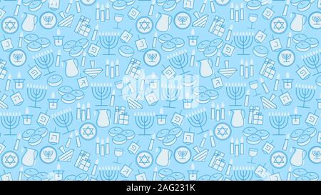 Hanukkah blue background with holiday candles, dreidels, Hebrew letters and David stars. Vector illustration for Jewish Festival of light. Stock Vector