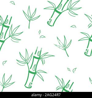 Green bamboo seamless pattern in line style on white background. Asian Decorative vector backdrop. Botanical drawing tile. Nature textile design. Exotic leaf texture for wallpaper. Chinese print. Stock Vector