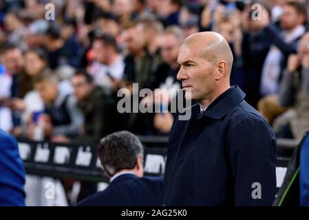 VALENCIA, SPAIN - DEC 15: The coach Zinedine Zidane at the La Liga match between Valencia CF and Real Madrid CF at the Mestalla Stadium on December 15 Stock Photo