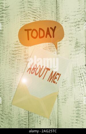 Text sign showing About Me. Business photo text telling someone list of your good and bad traits and past events Front view open envelop speech bubble Stock Photo