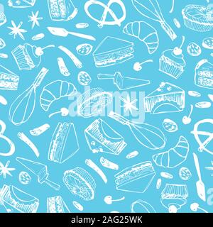 Vector blue monochrome cakes and pastry seamless background repeat pattern. Perfect for fabric, scrapbooking and wallpaper projects. Stock Vector
