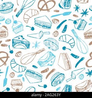 Vector white cakes and pastry seamless background repeat pattern. Perfect for fabric, scrapbooking and wallpaper projects. Stock Vector