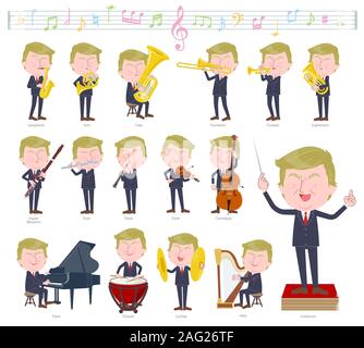 A set of blond hair old men on classical music performances.There are actions to play various instruments such as string instruments and wind instrume Stock Vector