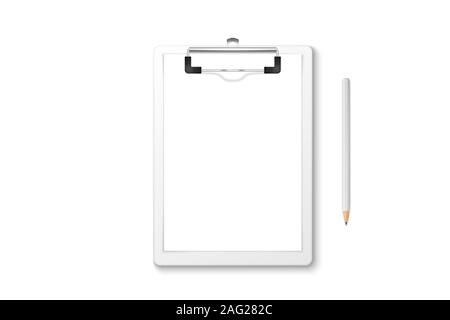 Vector 3d Realistic White Clipboard with Blank Paper, Metal Clip, Wood Pencil Set Closeup Isolated on White Background. Design Template for Notes Stock Vector