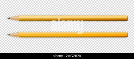 Vector 3d Realistic Sharpened Yellow Wooden Pencil Icon Set Closeup Isolated on Transparent Background. Top View. Design Template, Mockup. Office Stock Vector