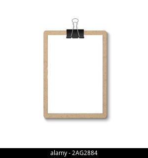 Vector 3d Realistic Brown Craft Clipboard with Blank Paper, Metal Clip Icon Closeup Isolated on White Background. Design Template for Notes, Mockup Stock Vector