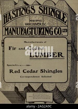 . Canadian forest industries 1905. WINNIPEG, — MAN. VI. Canada Lumberman Weekly Edition November 14, 1906 Cedar Cove Mill,Vancouver, B.C. E* H. HEAPS &lt;fe CO., Ruskin Mill, Ruskin, B. C. Vancouver, JB. C lumber, Lath, Shingles, Doors, Mouldings, Etc. SPECIALTIES : AA1 HIGH GRADE CEDAR SHINGLES. Cedar Bevelled Siding, Cedar Door and Sash Stock, cut to size, Cedar Finish, Base, Casing, Newels Balusters, etc. Douglas Fir Timber up to 85 feet in length. W.J. SHEPPARO, PRESIDENTW»ub»u»hene, Ont. MANUFACTURERS OF W. L. TAIT, GENERAL MANAGERVancouver, B.C. ber .0. ted FIR, CEDAR AND SPRUCE LUMDERLA Stock Photo