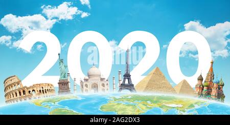 2020 year written behind the world famous sights. Happy New Year 2020 greeting concept Stock Photo