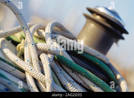 Sailing yacht. Detail close up of rope around capstan. Stock Photo