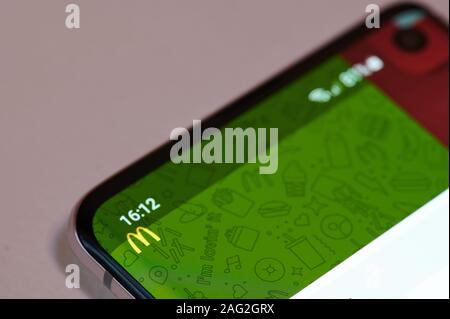 New york, USA - december 17, 2019: Macdonalds app for smartphone screen close up view Stock Photo